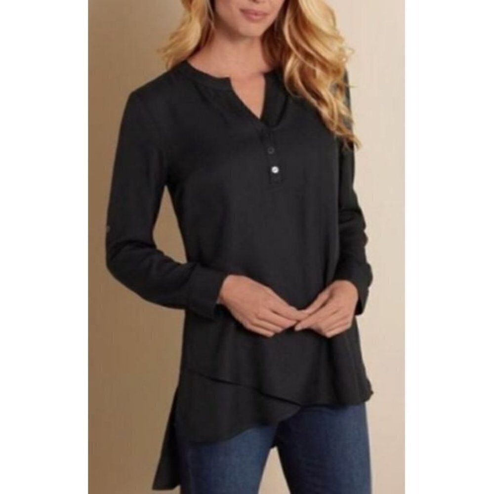 Soft Surroundings Top Womens Small Black Asymmetrical Tunic Boho Lagenlook